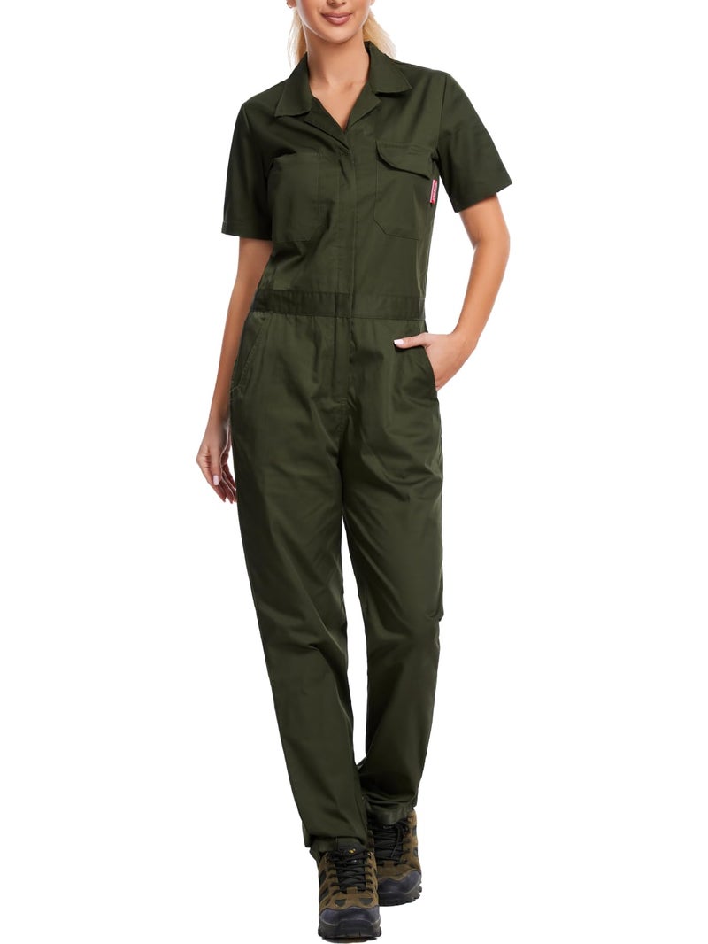 WORK IDEA Women's Short Sleeve Coverall Lightweight Snap-Front Cotton Work Jumpsuit, Army Green, L - Image 1