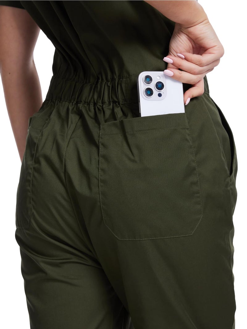 WORK IDEA Women's Short Sleeve Coverall Lightweight Snap-Front Cotton Work Jumpsuit, Army Green, L - Image 5