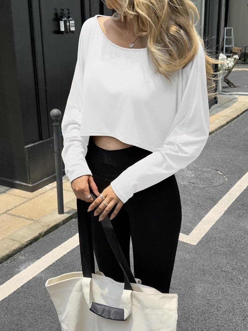 Fisoew Womens Off The Shoulder Cropped Tops Batwing Long Sleeve Loose Fit Summer Boat Neck Workout T Shirts White - Image 4