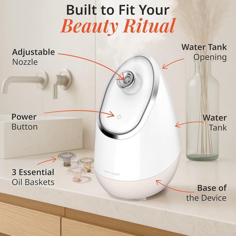Vanity Planet Aira Ionic Facial Steamer (Beige) - Pore Cleaner That Detoxifies, Cleanses and Moisturizes - Adjustable Nozzle, Water Tank with 3 Essential Oil Baskets - Image 4