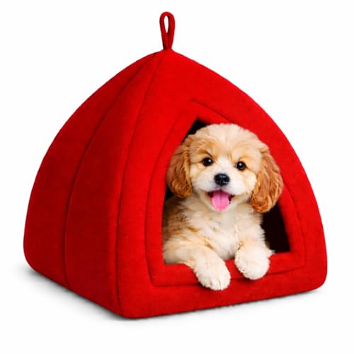 ZEXSAZONE Dome Shape Soft Plush Pet Bed for Puppies, Small Dogs & Cats | Cozy Indoor Pet House with Removable & Washable Cushion | Warm Cave Design Winter & Summer Pet Bed (42 x 40 x 40 CM) Red - Image 1