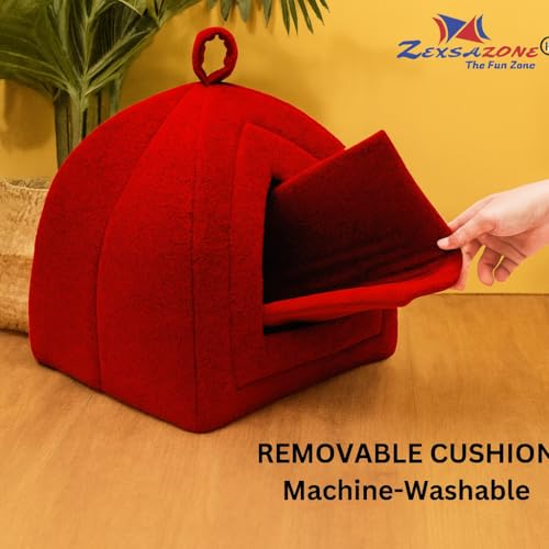 ZEXSAZONE Dome Shape Soft Plush Pet Bed for Puppies, Small Dogs & Cats | Cozy Indoor Pet House with Removable & Washable Cushion | Warm Cave Design Winter & Summer Pet Bed (42 x 40 x 40 CM) Red - Image 5