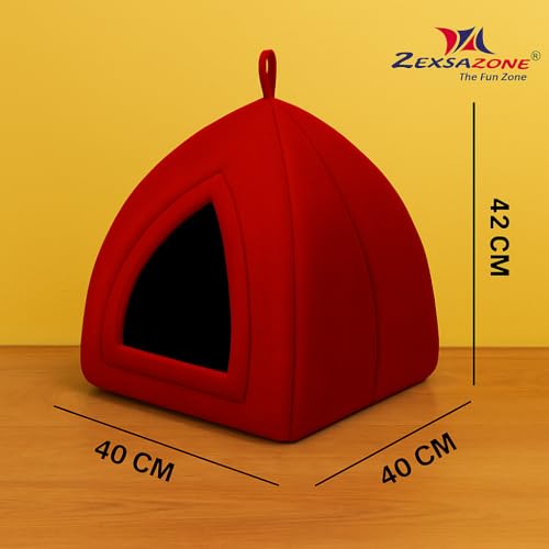 ZEXSAZONE Dome Shape Soft Plush Pet Bed for Puppies, Small Dogs & Cats | Cozy Indoor Pet House with Removable & Washable Cushion | Warm Cave Design Winter & Summer Pet Bed (42 x 40 x 40 CM) Red - Image 3