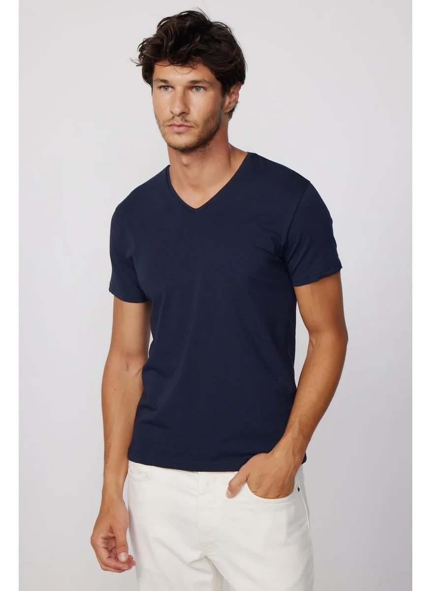 Tudors Slim Fit V-Neck Plain Basic Short Sleeve Navy Blue T-Shirt