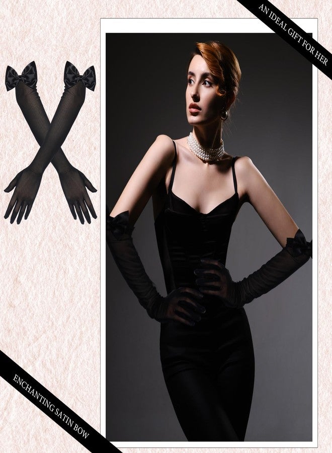 Cutecrop قفازات كيوت كروب النسائية السوداء الطويلة والمطاطية والشفافة والمزينة بفيونكات، زوجان، مصنوعة من التول الأسود والشبك والساتان، بطول الكوع، مثالية لحفلات الزفاف والكوكتيل والأوبرا وحفلات الرقص المستوحاة من عشرينيات القرن الماضي - Image 4