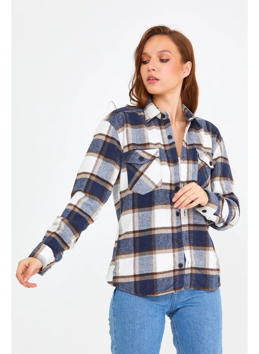 Cool Tarz Cool Style Blue-Brown Women's Slim Fit Button-down Collar Double Pocket Lumberjack Plaid Shirt