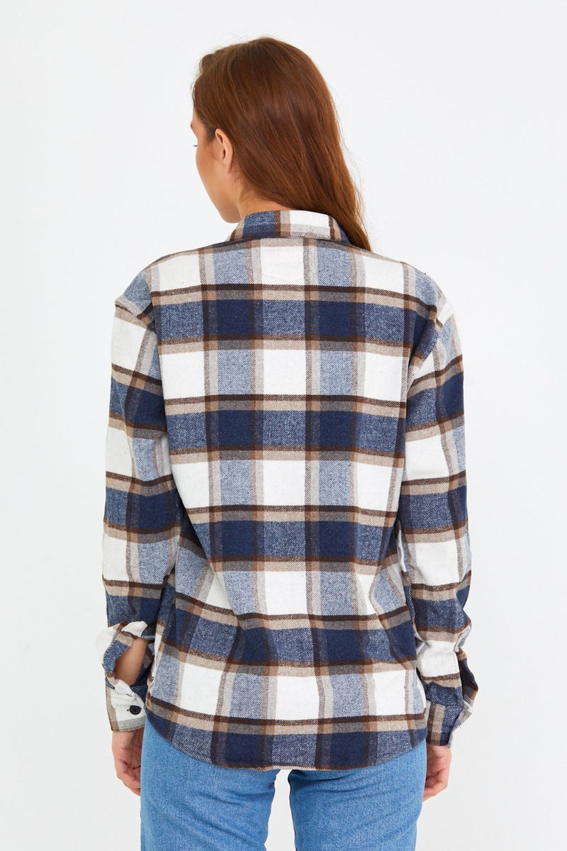 Cool Tarz Cool Style Blue-Brown Women's Slim Fit Button-down Collar Double Pocket Lumberjack Plaid Shirt  - Image 3