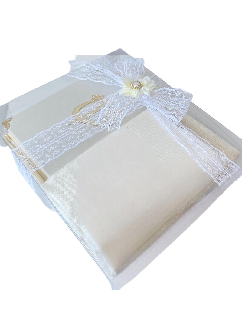 OLUDENIZ Present A Luxurious And Thoughtful Gift In all occasions For The Special Girl In Your Life A Regal White  Velvet Quran, Accompanied By An Elegant Hijab, A Convenient Prayer Mat, And A Beautiful Rosary  - Image 2