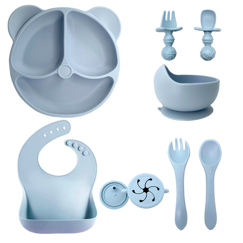 Silicone Baby Dining Set Soft Bib Bowl Spoon10 pieces of gray blue-bear plate + snail bowl +2 in 1 cup + Bib + long fork spoon + short ball fork spoon 10 pieces of gray blue-bear plate + snail bowl +2 in 1 cup + Bib + long fork spoon + short ball fork spoon
