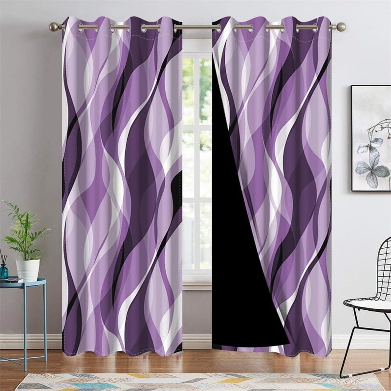 DORCEV Ombre Purple Blackout Window Curtains Abstract Art Aesthetic Gradient Kitchen Curtains Geometric Wave Lines Thermal Insulated Room Darkening Window Drapes Home Decor,42x84 inch,2 Panels - Image 1