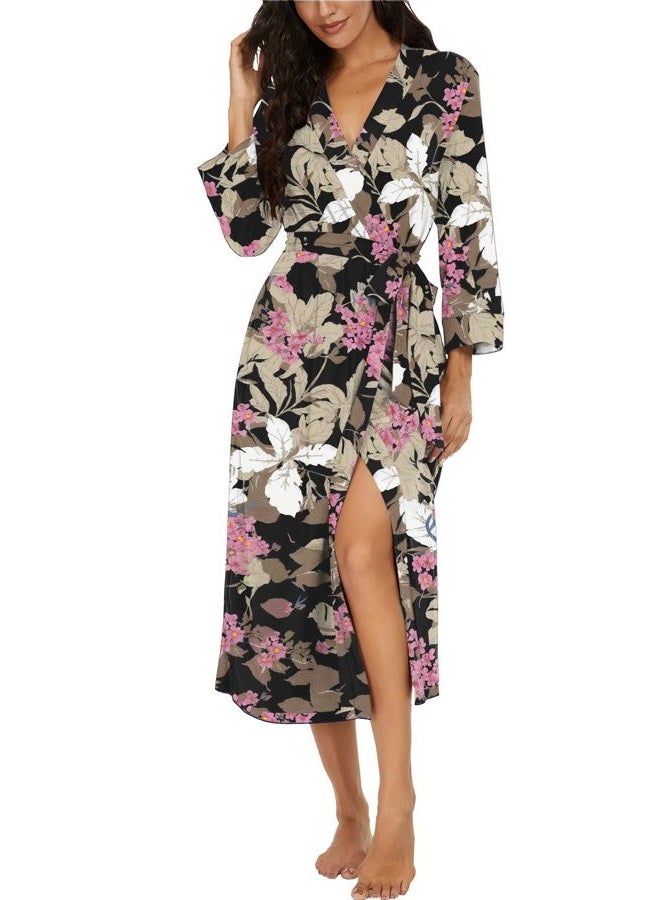 VINTATRE Women Kimono Robes Long Knit Bathrobe Lightweight Soft Knit Sleepwear V-neck Casual Ladies Loungewear FP-Big Leaf Pink-Large - Image 1