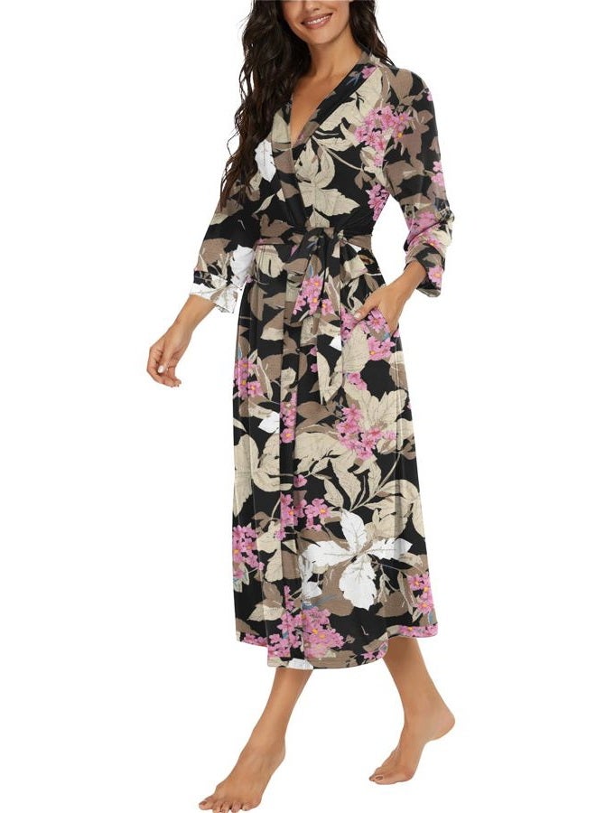 VINTATRE Women Kimono Robes Long Knit Bathrobe Lightweight Soft Knit Sleepwear V-neck Casual Ladies Loungewear FP-Big Leaf Pink-Large - Image 2