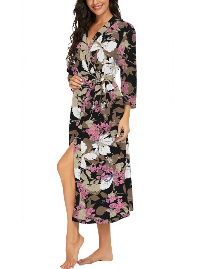 VINTATRE Women Kimono Robes Long Knit Bathrobe Lightweight Soft Knit Sleepwear V-neck Casual Ladies Loungewear FP-Big Leaf Pink-Large - Image 4