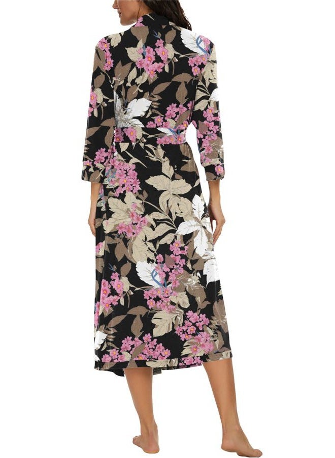 VINTATRE Women Kimono Robes Long Knit Bathrobe Lightweight Soft Knit Sleepwear V-neck Casual Ladies Loungewear FP-Big Leaf Pink-Large - Image 5