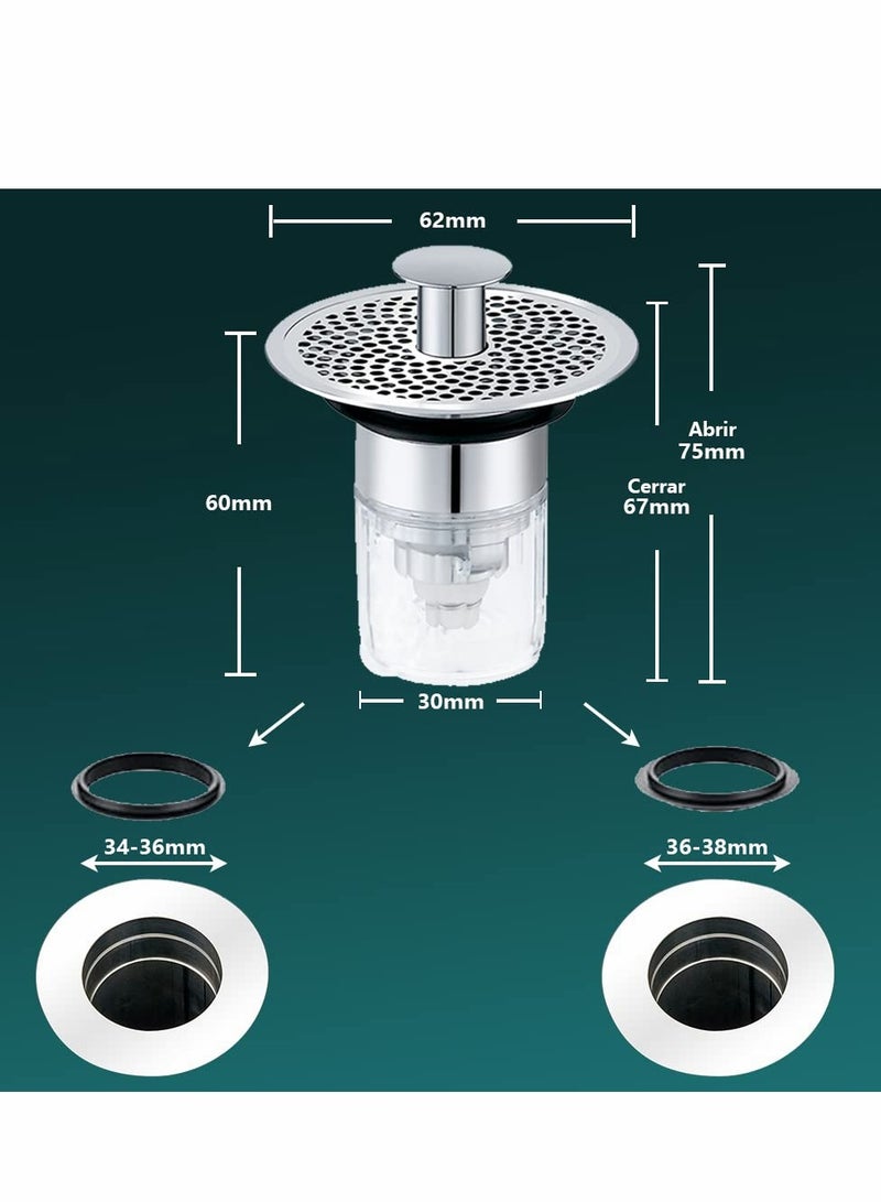 SYOSI Sink Stopper, Anti-odour Pop Up Sink Bath Plug Replacement Stainless Steel with Strainer, Push Down Bathroom Plugs for Wash Basins with 2 Rubber Washers for 30-40mm Hole  - Image 5