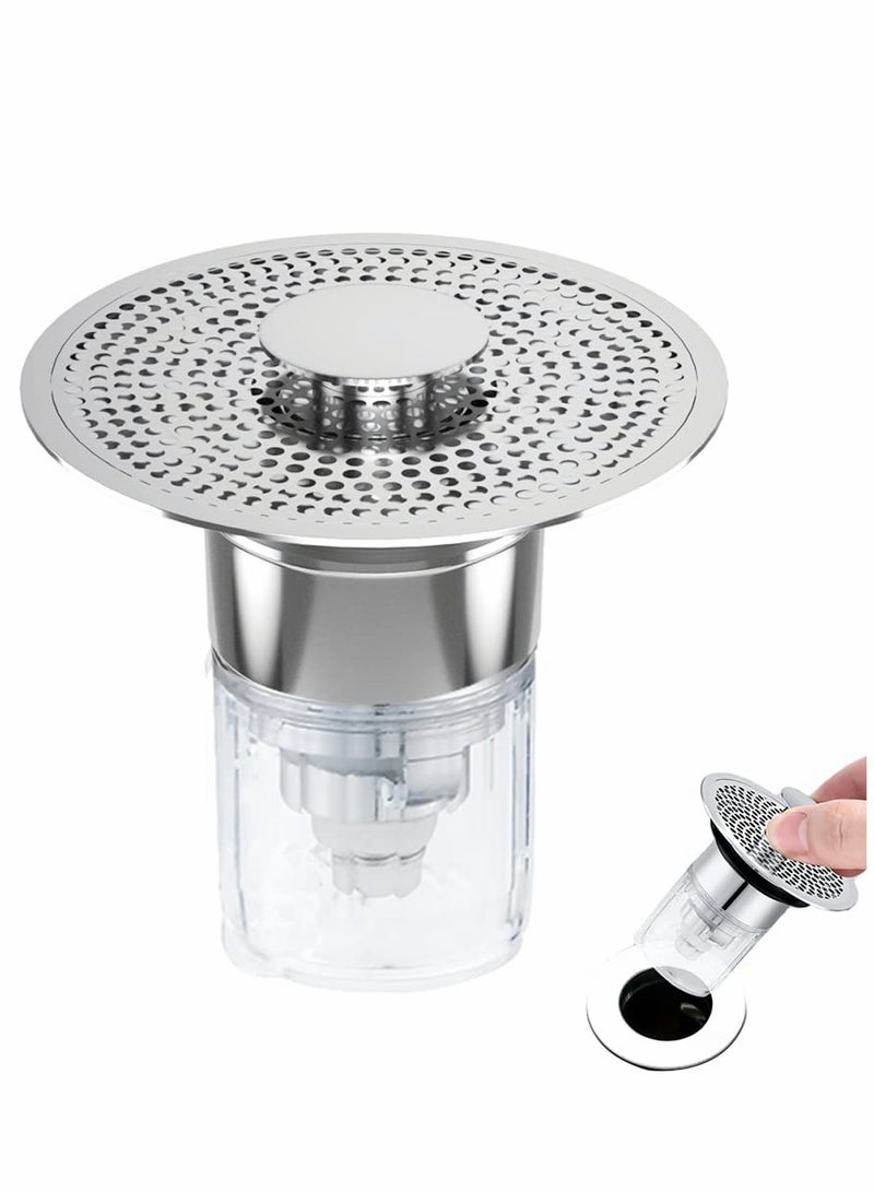 SYOSI Sink Stopper, Anti-odour Pop Up Sink Bath Plug Replacement Stainless Steel with Strainer, Push Down Bathroom Plugs for Wash Basins with 2 Rubber Washers for 30-40mm Hole  - Image 1