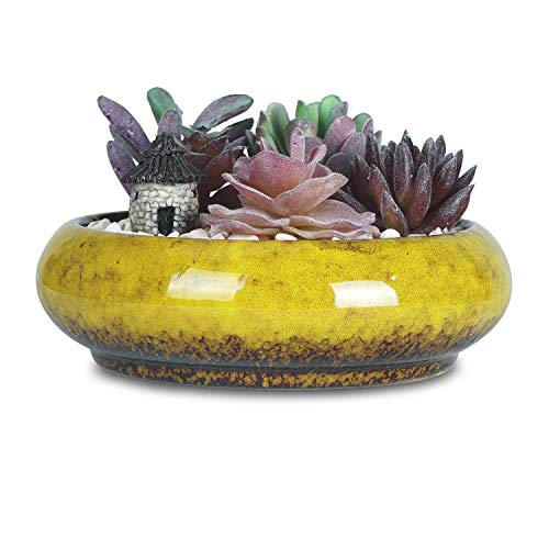 ARTKETTY Succulent Pots - 7.3 Inch Large Succulent Planters with Drainage Ceramic Bonsai Pots with Bamboo Tray, Shallow Planters for Indoor Cactus Plants Decorative Flower Plant Container - Image 2