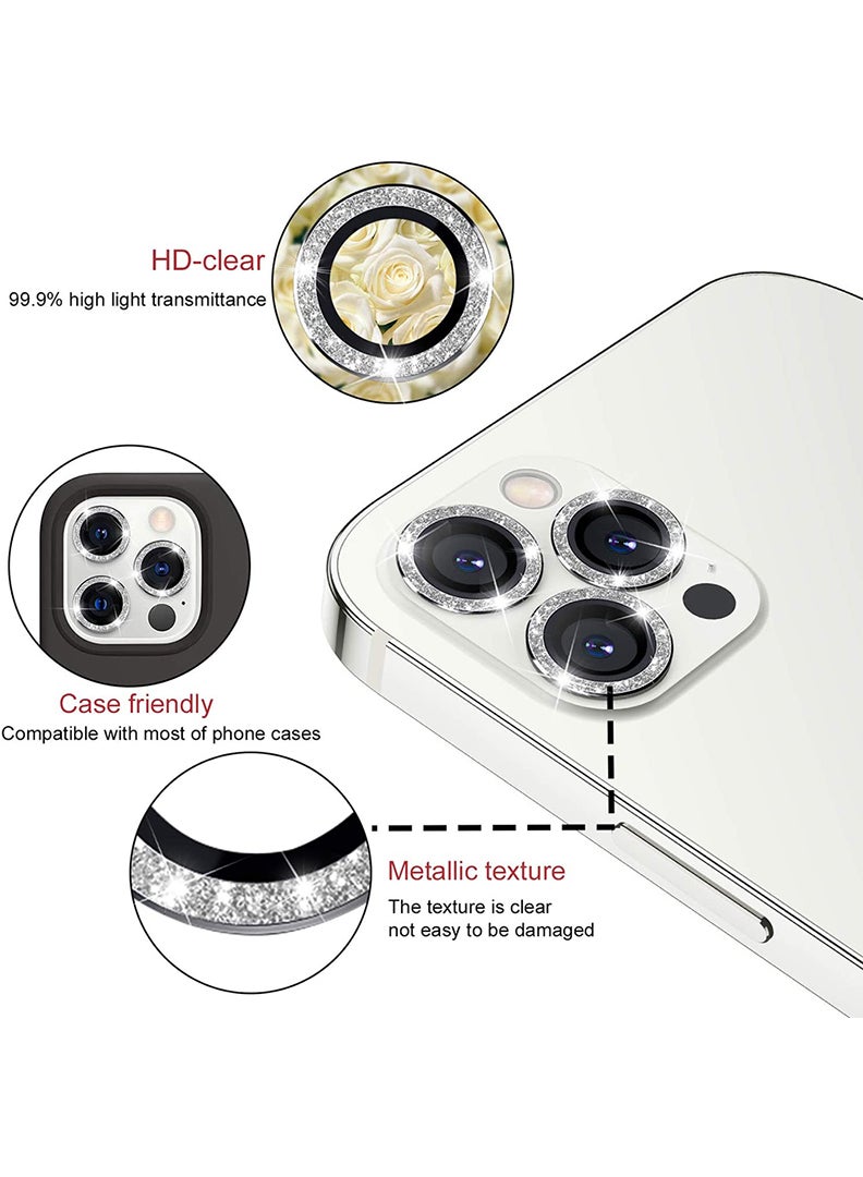 Theodor iPhone 12 Pro Max 3 Pcs Camera Lens Protector With 9H Tempered HD Glass Camera Cover Anti Scratch Aluminum Alloy Camera Ring, Glitter Silver - Image 2