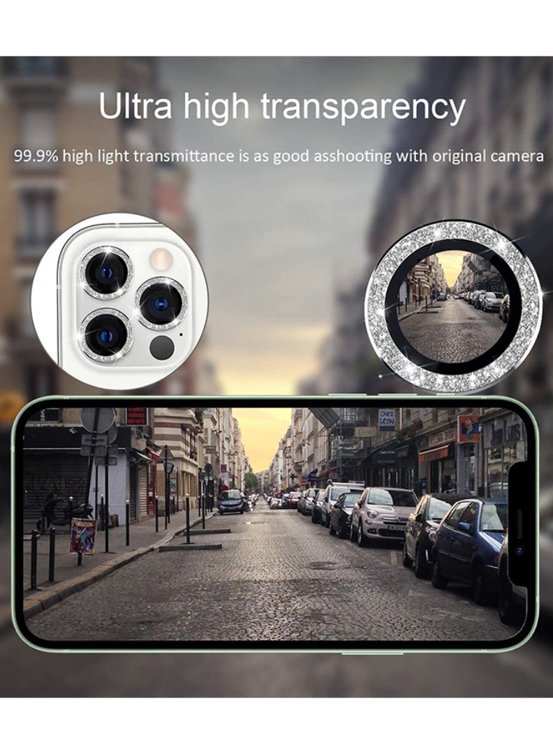 Theodor iPhone 12 Pro Max 3 Pcs Camera Lens Protector With 9H Tempered HD Glass Camera Cover Anti Scratch Aluminum Alloy Camera Ring, Glitter Silver - Image 4