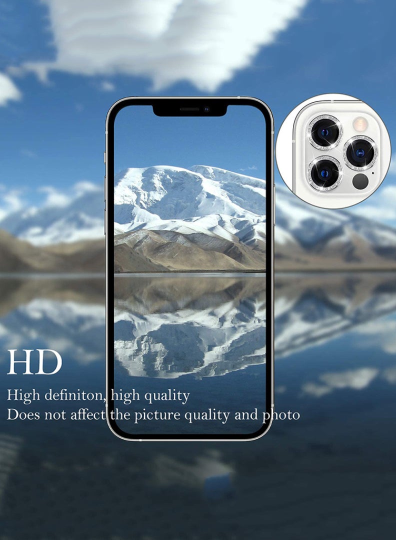 Theodor iPhone 12 Pro Max 3 Pcs Camera Lens Protector With 9H Tempered HD Glass Camera Cover Anti Scratch Aluminum Alloy Camera Ring, Glitter Silver - Image 5