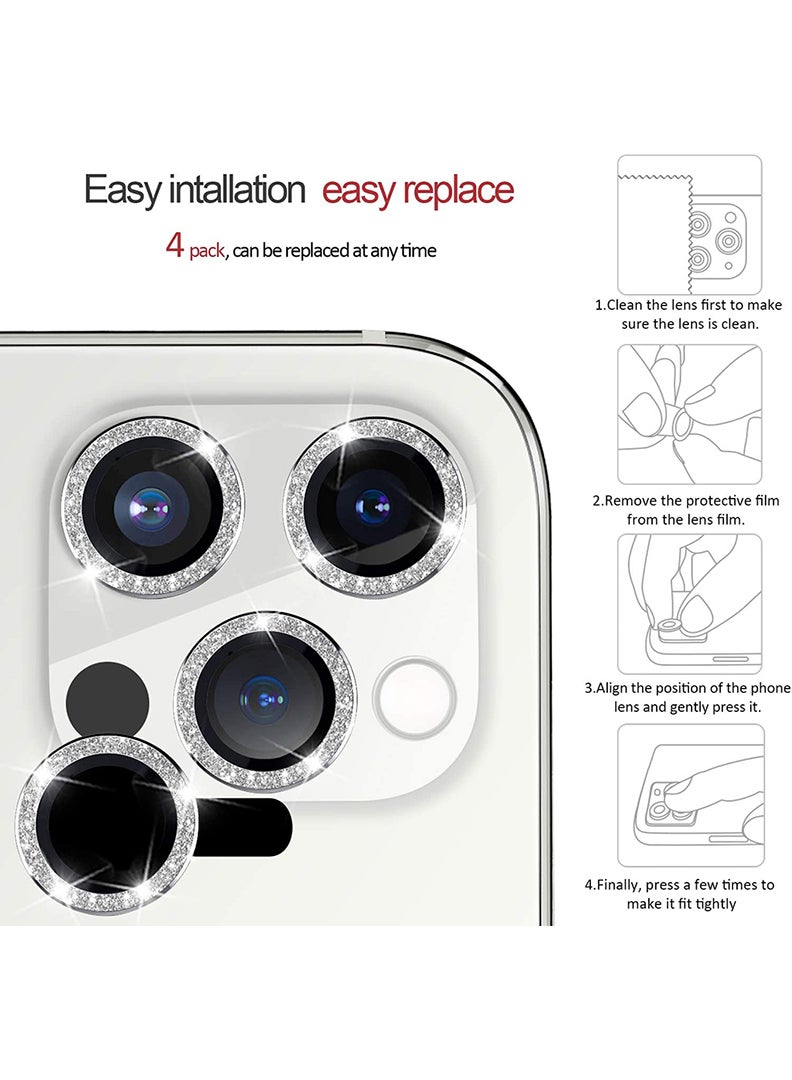 Theodor iPhone 12 Pro Max 3 Pcs Camera Lens Protector With 9H Tempered HD Glass Camera Cover Anti Scratch Aluminum Alloy Camera Ring, Glitter Silver - Image 3