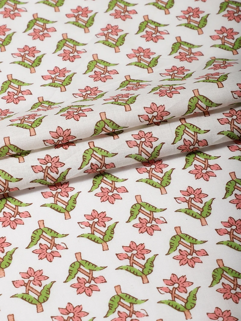 أيه كيه إس Floral Buti Print Fabric, White, One Meter