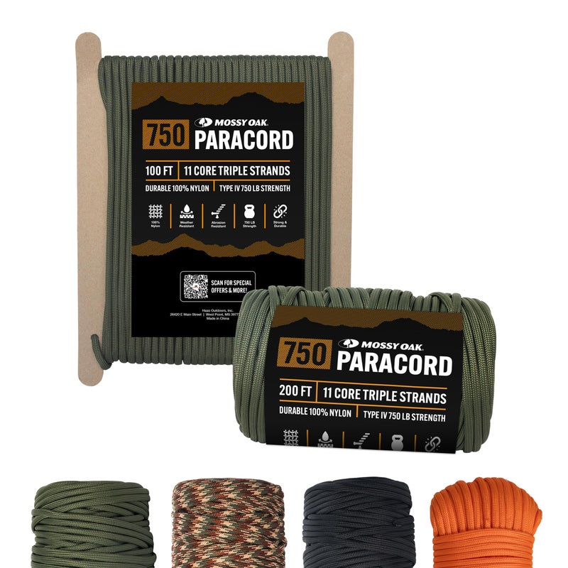 Mossy Oak Paracord Rope 750 with 11 Inner Strands | 50ft Nylon String, Tactical Survival Gear for Camping, Hunting, Fishing, Hiking, Crafting & DIY | Durable & Lightweight, 4mm Parachute Cord (Olive) - Image 1