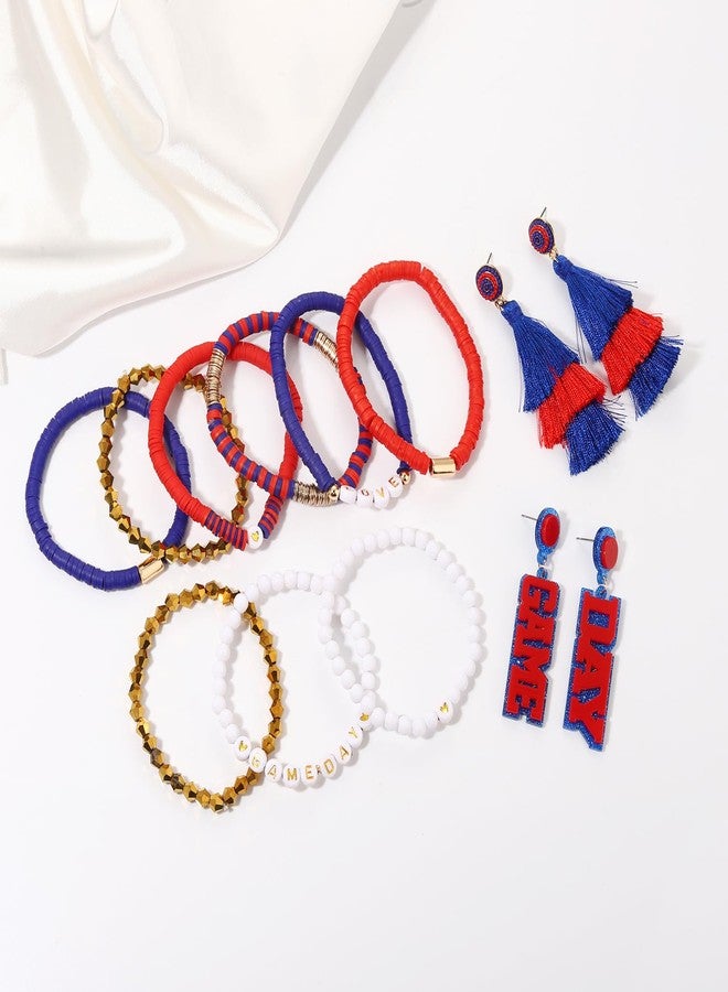 بودرير مجموعة أساور بوديرير 9 قطع ليوم المباراة، أساور مطاطية قابلة للتكديس مزينة بخرز هيشي، مجوهرات فريق كرة القدم، إكسسوارات رياضية لمحبي الرياضة (أزرق وأحمر) - Image 2