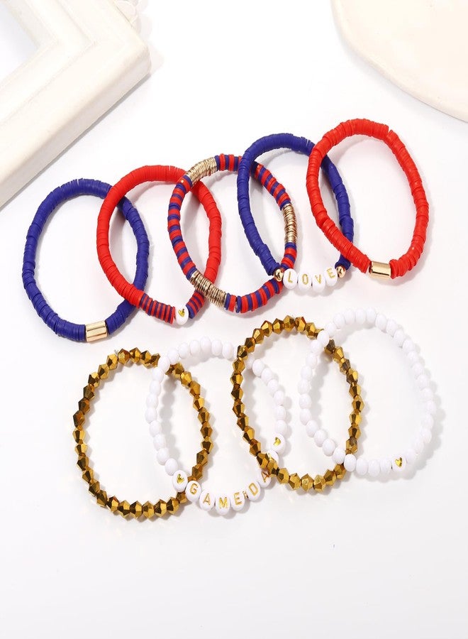 بودرير مجموعة أساور بوديرير 9 قطع ليوم المباراة، أساور مطاطية قابلة للتكديس مزينة بخرز هيشي، مجوهرات فريق كرة القدم، إكسسوارات رياضية لمحبي الرياضة (أزرق وأحمر) - Image 3