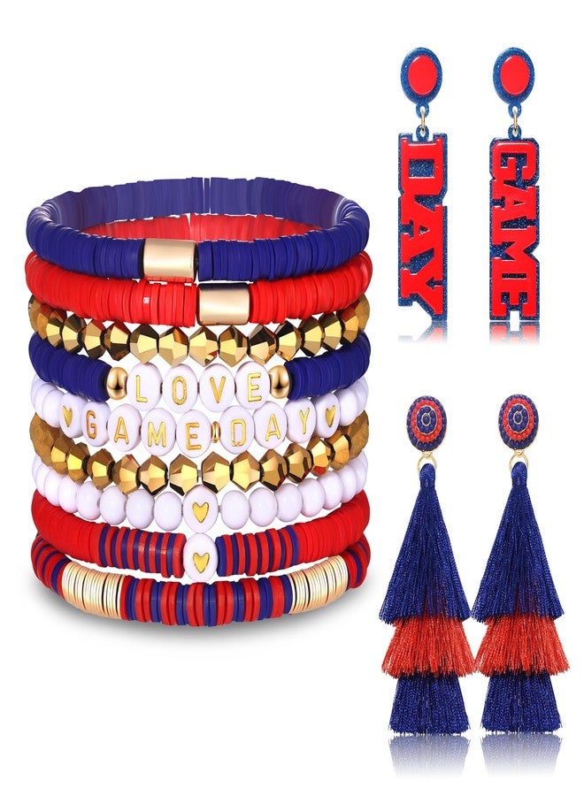 بودرير مجموعة أساور بوديرير 9 قطع ليوم المباراة، أساور مطاطية قابلة للتكديس مزينة بخرز هيشي، مجوهرات فريق كرة القدم، إكسسوارات رياضية لمحبي الرياضة (أزرق وأحمر) - Image 1