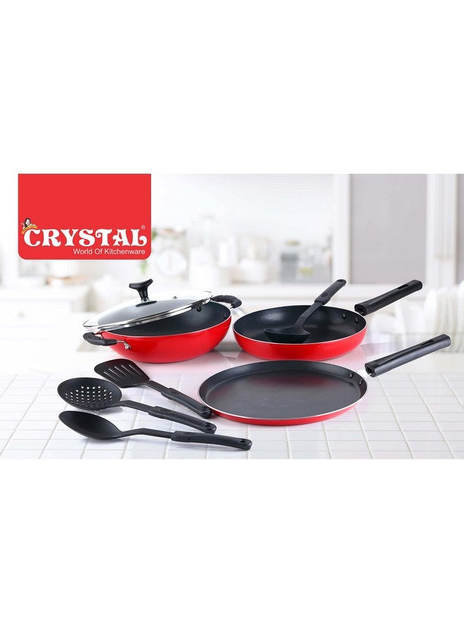 Crystal Classic Series 8-pc Non-Stick Cookware Set, PFOA Free, Tawa, Kadhai with Glass Lid, Fry Pan, 4 Spatulas, Red - Image 3