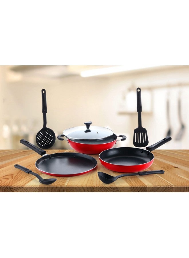 Crystal Classic Series 8-pc Non-Stick Cookware Set, PFOA Free, Tawa, Kadhai with Glass Lid, Fry Pan, 4 Spatulas, Red - Image 2