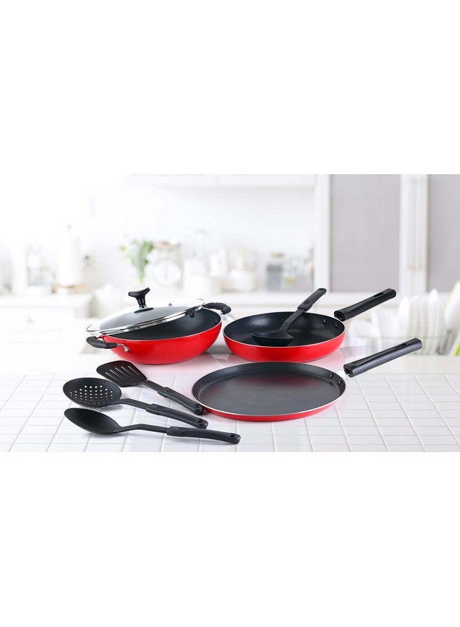 Crystal Classic Series 8-pc Non-Stick Cookware Set, PFOA Free, Tawa, Kadhai with Glass Lid, Fry Pan, 4 Spatulas, Red - Image 4