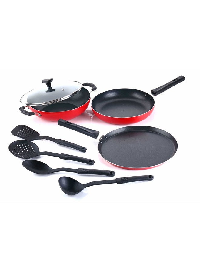 Crystal Classic Series 8-pc Non-Stick Cookware Set, PFOA Free, Tawa, Kadhai with Glass Lid, Fry Pan, 4 Spatulas, Red - Image 1