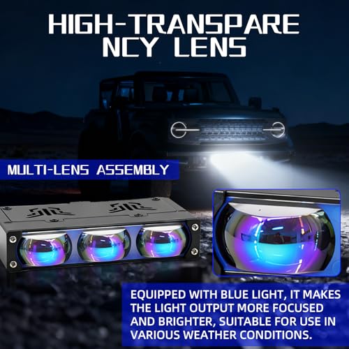 AUOKAY 2PCS Grill Driving Lights,Mini Projector Super Bright Hi-Lo Beam White/Yellow Fog Lights with Blue Lens,Waterproof for Offroad/Motorcycle/UTV/ATV - Image 3