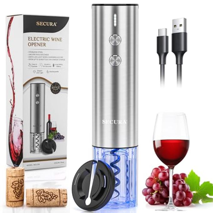 Secura Stainless Steel Electric Wine Opener, Rechargeable Automatic Home Wine Bottle Opener with Foil Cutter & Charging Cable, Reusable Corkscrew Wine Opener Electric for Wine Lovers, Silver - Image 1