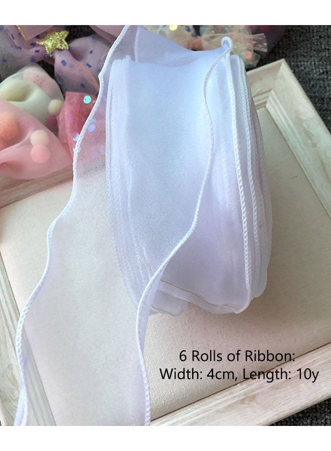 Ribbon,6 Rolls of Mesh Smooth Ribbon Fishtail Sheer Transparent Ribbons Rolls with Spool for Sewing,Making Crafts,Corsage Wedding ,Bouquets, Cake Decor, Flower Packaging,6 colors, 4cm x 10y per roll - Image 2