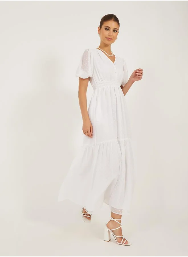 Styli Dobby Design V Neck A-Line Midi Dress