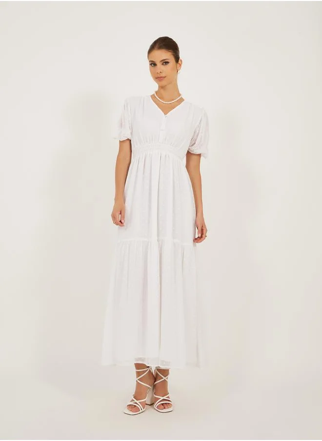Styli Dobby Design V Neck A-Line Midi Dress