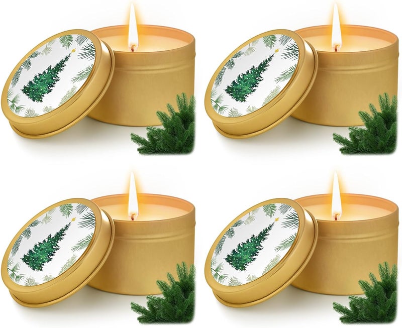 MTLEE 4 Pcs Christmas Fir Pine Candle Travel Non Toxic Tin Candles with Lid and Fir Scent Christmas Gift for Women Men Xmas Housewarming Home Fragrance Bedroom Bathroom Living Room Decor, Gold