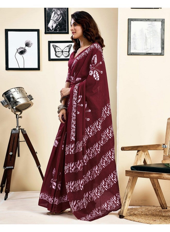 SIRIL Women's Pure Cotton Printed Ready To Wear Pocket Saree With Unstitched Blouse Piece (39RS142_Maroon) - Image 2