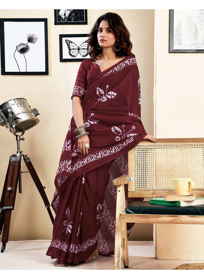 SIRIL Women's Pure Cotton Printed Ready To Wear Pocket Saree With Unstitched Blouse Piece (39RS142_Maroon) - Image 3