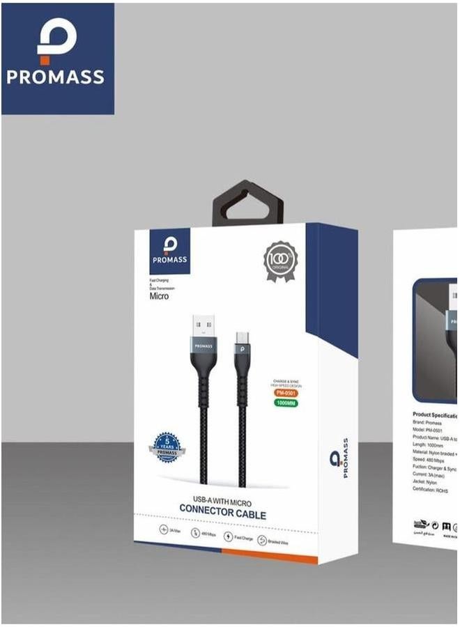 بروماس كابل شحن مايكرو من بروماس بطول متر واحد، قماش مضاد للقطع، يدعم الشحن السريع بقوة 3 أمبير - Image 1