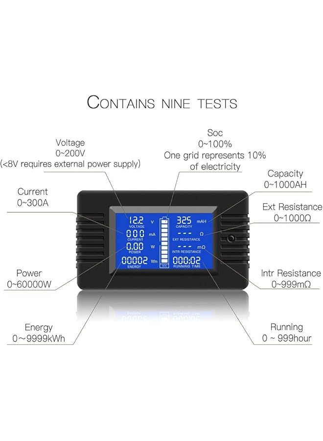 promass 9 in 1 Battery Monitor Meter, 0-200V, 0-300A LCD Display Digital Current Voltage Multimeter Ammeter Voltmeter, Portable Car RV Solar Power Meter Multimeter with Shunt - Image 3