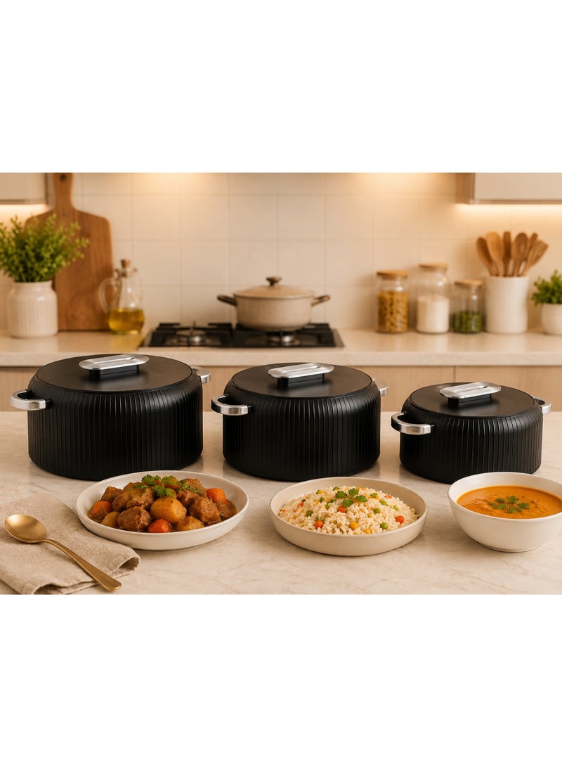 تشيلو طقم حافظات طعام حرارية فاخرة 3 قطع بأحجام 1000 / 1500 / 2500 مل – حافظات تقديم معزولة بغطاء ومقابض أنيقة – ستانلس ستيل لحفظ الحرارة والبرودة – تصميم عصري للمطبخ والسفرة - Image 3
