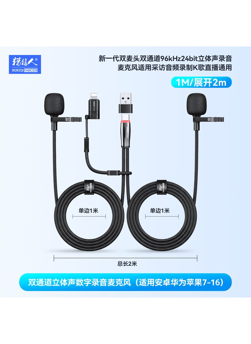 Generic New generation double microphone head stereo recording microphone suitable for eating broadcast interview performance audio recording karaoke live broadcast Smkf01 1m/expanded 2m dual-channel stereo digital recording microphone (applicable to android huawei apple 7-16) 