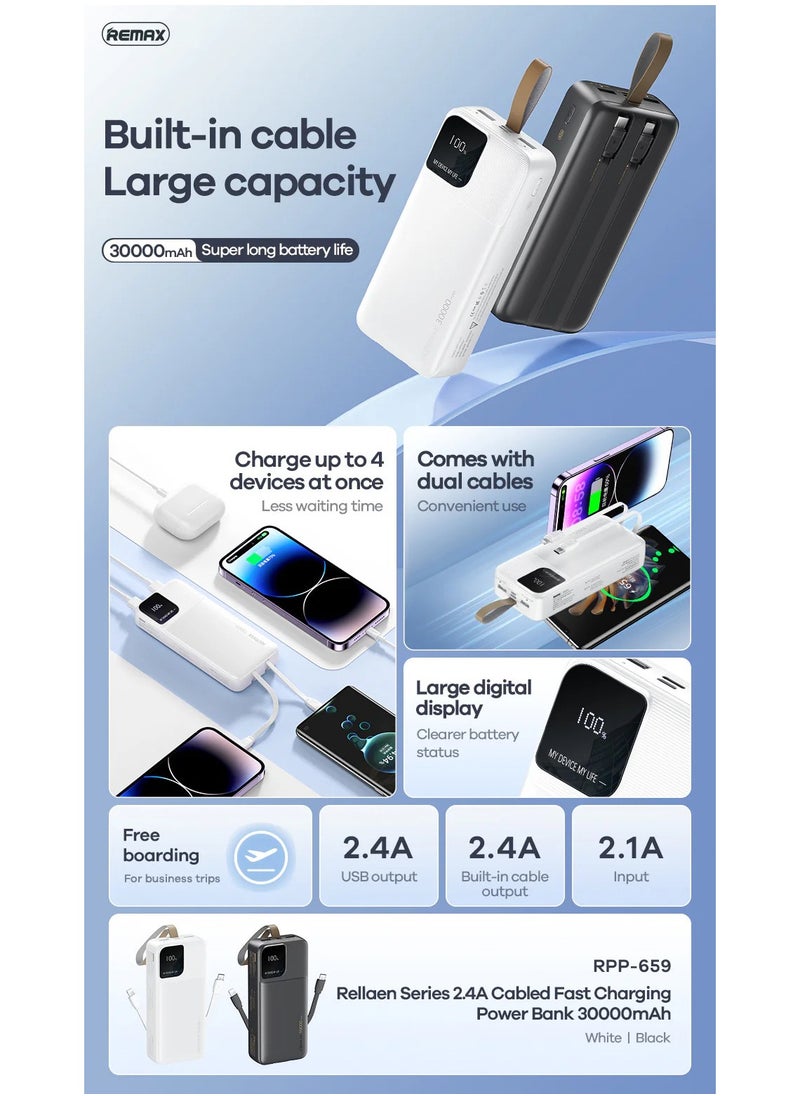 REMAX 30000mAh Power Bank with Built-in Cables, 2.4A Fast Charging, Large Digital Display, Portable Charger for 4 Devices, Dual Input/Output  - Image 2