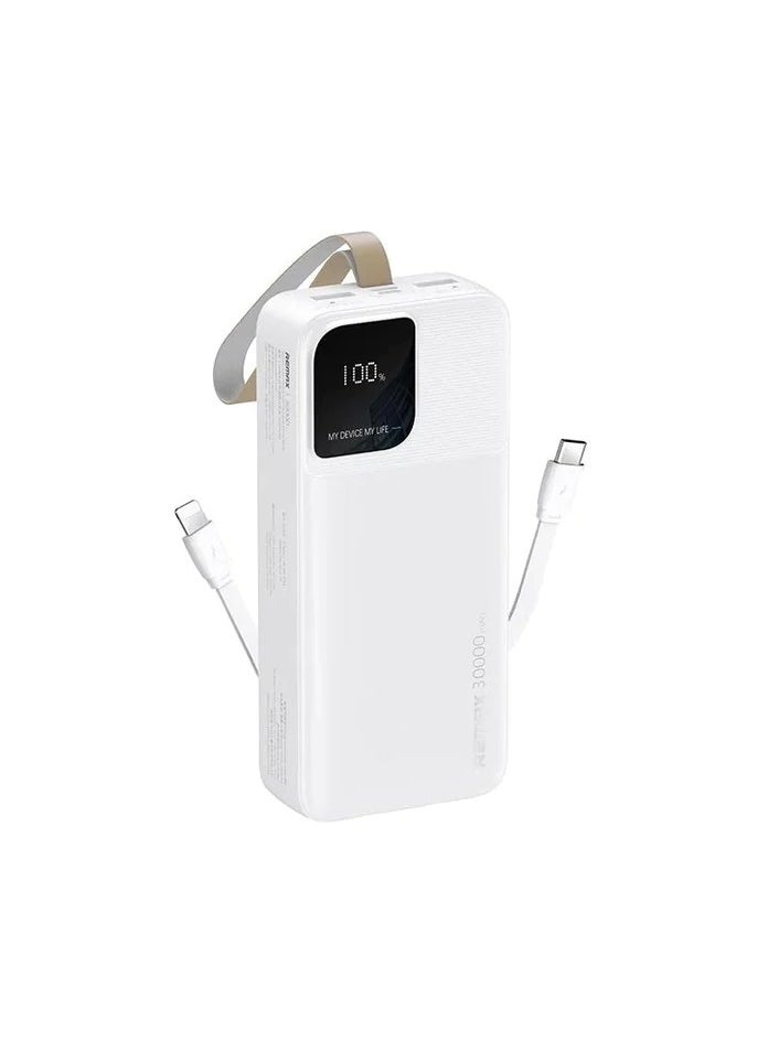 REMAX 30000mAh Power Bank with Built-in Cables, 2.4A Fast Charging, Large Digital Display, Portable Charger for 4 Devices, Dual Input/Output  - Image 1