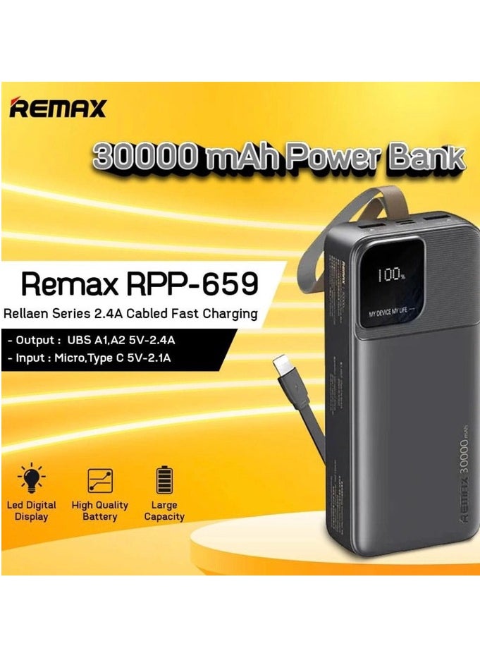REMAX 30000mAh Power Bank with Built-in Cables, 2.4A Fast Charging, Large Digital Display, Portable Charger for 4 Devices, Dual Input/Output  - Image 4