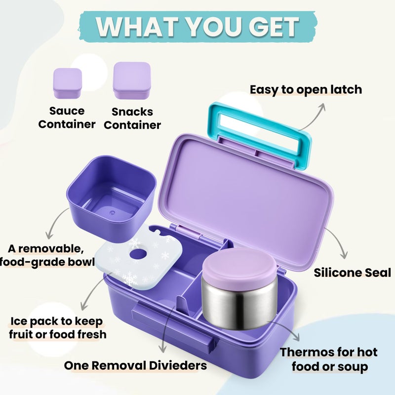 PIQUEBAR Kids Lunch Bento Box with 8oz Thermo Ice Pack Food Container with Insulated Lunch Bag, Insulated Water Bottle with Straw for Girls Boys, (A-Purple) - Image 2